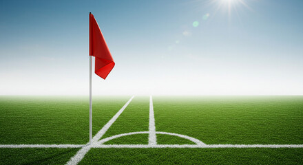 Red corner flag on green soccer field with clear blue sky and sunlight  