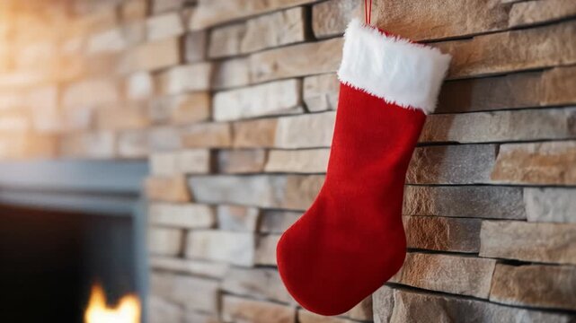 Red and white festive christmas stocking hanging on stone fireplace with blurry warm fire glowing in background holiday decoration