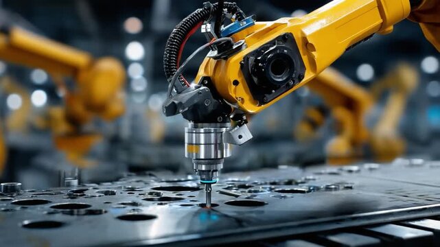 Automated Precision: Robotic arms precisely manipulate and fabricate metal components in a modern industrial setting, demonstrating the efficiency and capabilities of automation.