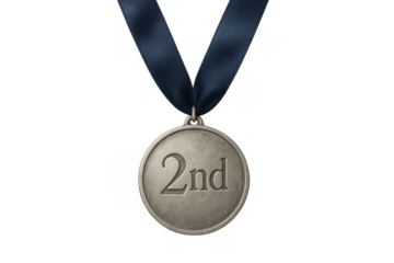 Silver 2nd place medal hanging on blue ribbon for competition runner-up, achievement, and success, transparent background