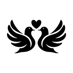 Two doves facing with heart above them on transparent background silhouette