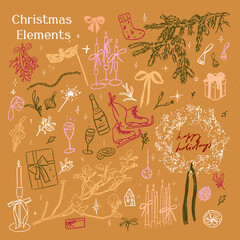 Hand drawn sketch elegant delicate line art winter Christmas elements