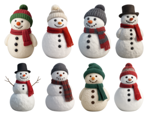 PNG Charming snowmen with cozy accessories, element set on transparent background