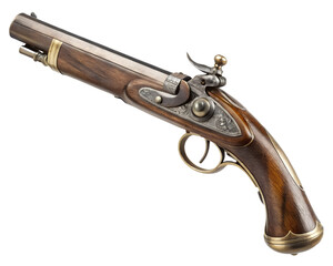 Single flintlock pistol, vintage design, polished wood and metal, isolated transparent PNG