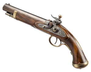 Single flintlock pistol, vintage design, polished wood and metal, isolated transparent PNG