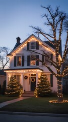 Festive residence illuminated with warm holiday lights during twilight hours