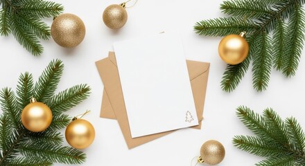 Festive Christmas Greeting Card: A warm Christmas card, surrounded by decorative ornaments and pine branches, invites heartfelt messages and seasonal cheer.