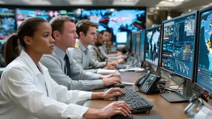 Analyzing the Data Stream: A team of skilled professionals immersed in a high-tech control room, focused intently on monitoring and managing a complex flow of information.