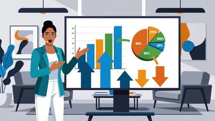 Professional businesswoman presents comprehensive data analysis and market trends on a large screen, illustrating financial growth and strategic insights in a modern office environment - Powered by Adobe