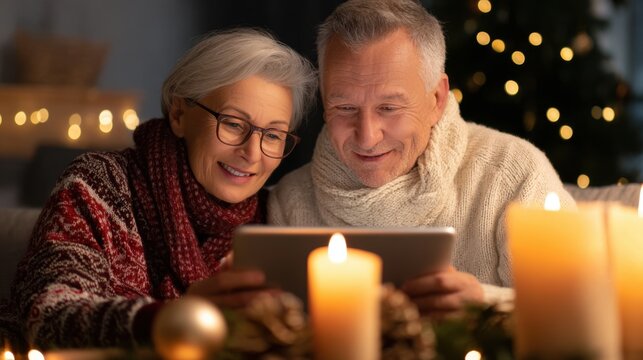 Grandparents enjoying a video call with family while surrounded by festive decor and holiday candles - Powered by Adobe