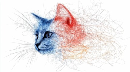 A stylized portrait of a cat's head in profile, created with blue and red scribbled lines, against a white background.