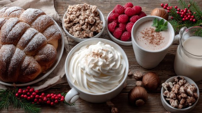Gather around a rustic table for a delightful holiday brunch filled with sweet pastries, fresh berries, and warm, creamy beverages. Enjoy the cozy atmosphere and festive treats