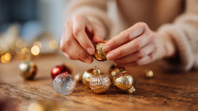 Sorting through old-fashioned glass Christmas ornaments on a wooden tabletop in soft warm light - Powered by Adobe