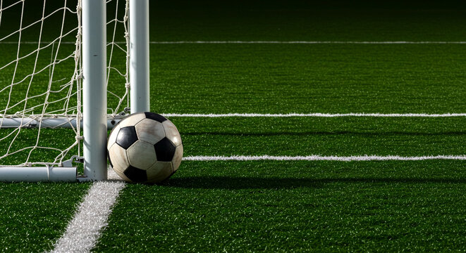 Soccer ball resting in goalpost corner on green grass field - Powered by Adobe