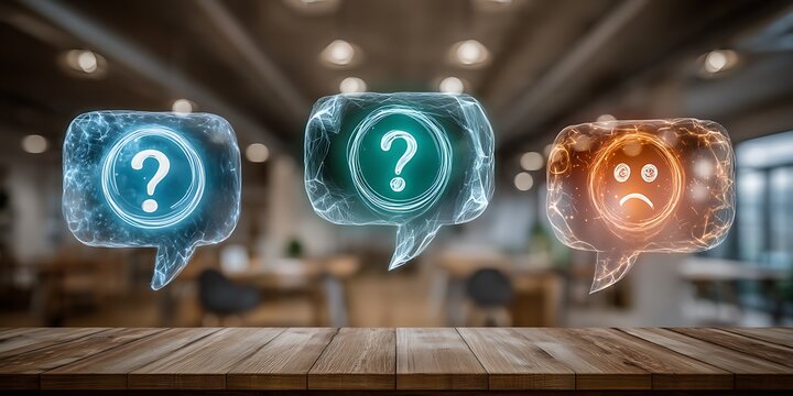 Colorful chat bubbles with question mark and emoticon representing emotions and interactions in a modern workspace