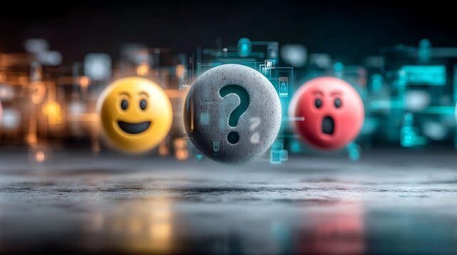 Colorful Emoji Faces With Question Mark Symbolize Emotions, Uncertainty, and Digital Communication Concepts