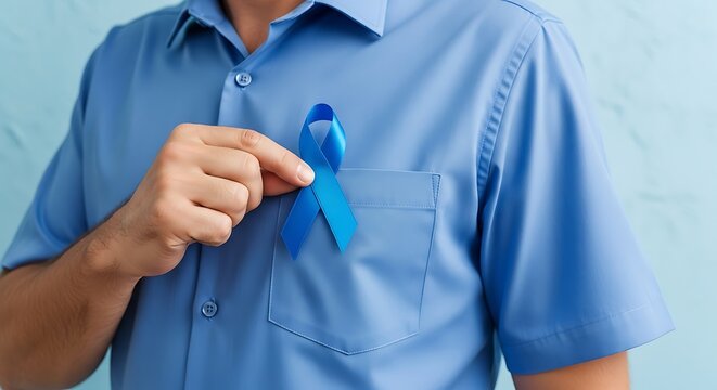 Man in blue shirt with prostate cancer awareness ribbon on his pocket