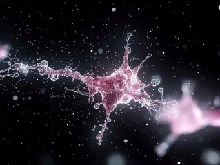 A dynamic splash of pink liquid with intricate droplets and small particles against a dark, speckled background.