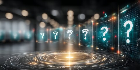 Futuristic Data Visualization With Question Marks Representing Uncertainty in Technology and Information Analysis