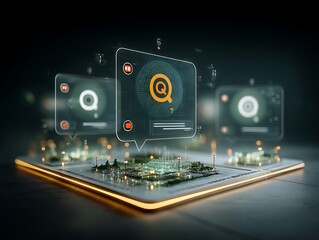 Futuristic Digital Interface with Communication Symbols and Abstract Technology Elements for Modern Design Concepts