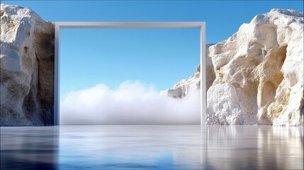 A surreal landscape featuring a modern rectangular portal framing a view of a bright blue sky with fluffy white clouds, situated between two large, textured roc