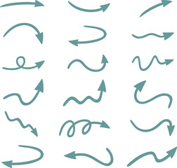 Blue Hand-drawn Arrows Set, Curved and Wavy Vector Directions 