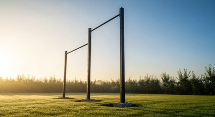 Outdoor pull-up bar in a backyard at sunrise. Calisthenics and fitness equipment on a misty morning lawn. Healthy lifestyle and workout motivation concept with copy space