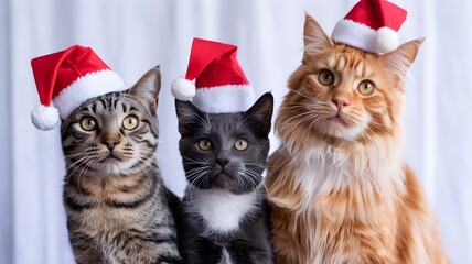 Three adorable feline friends wearing festive santa hats celebrating the holiday season together