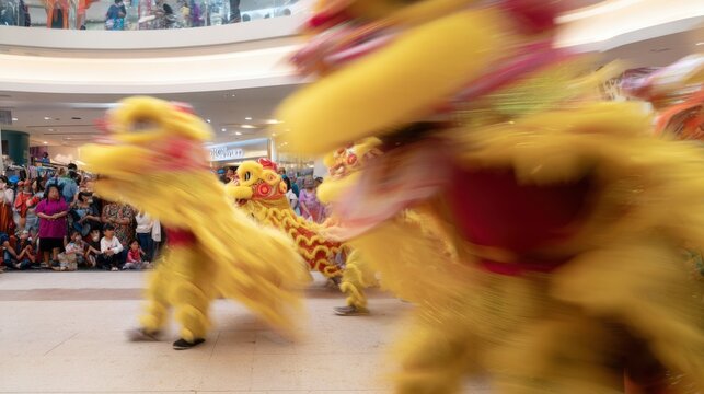 Lion dance performers showcase vibrant movements as crowds watch in excitement during a Chinese new year 