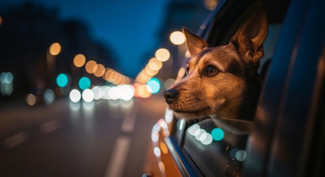 A dog looking out of a car window at night. Pet traveling in a vehicle with blurred city lights and bokeh in the background