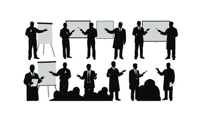 Diverse collection of scientist poses demonstrating presentations and scientific concepts isolated on white background silhouette