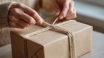 Obraz premium Close-up of hands tying jute twine around a kraft paper gift box in soft daylight, creating a warm and cozy atmosphere