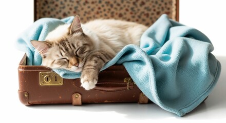 A cute tabby cat sleeping comfortably inside a vintage suitcase. Adorable pet kitten resting in luggage before a journey. Isolated on a white background with copy space