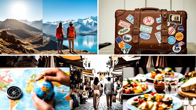 A collage of travel-related images including mountain landscapes, hikers, a vintage suitcase, a globe, a bustling street, and diverse food.