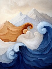 Stylized waves in shades of blue, white, and orange crash against abstract mountains under a soft sky.