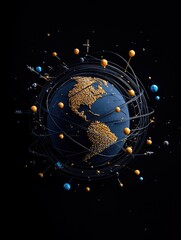 A dark, abstract depiction of Earth, with North and South America highlighted by golden dots, surrounded by orbiting rings and spheres.