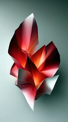 A dynamic, abstract sculpture made of folded paper, featuring gradients of red and white, illuminated by dramatic lighting against a soft grey background.