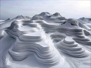 Abstract snow formations with layered textures and dramatic lighting in a winter landscape.