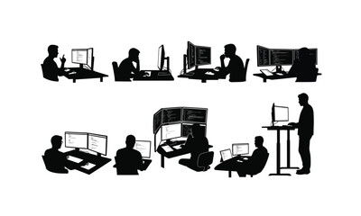 Diverse collection of software developer coding poses and actions presented as a silhouette isolated on white background