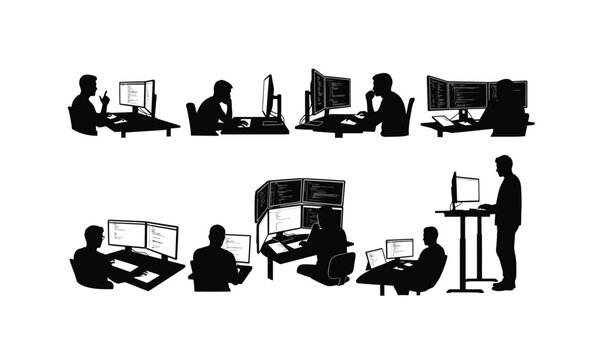 Diverse collection of software developer coding poses and actions presented as a silhouette isolated on white background