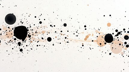 A dynamic abstract composition featuring splatters and drops of black and tan paint on a white surface.