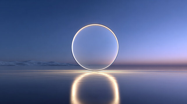 A luminous circle, reflecting the tranquil sky and landscape