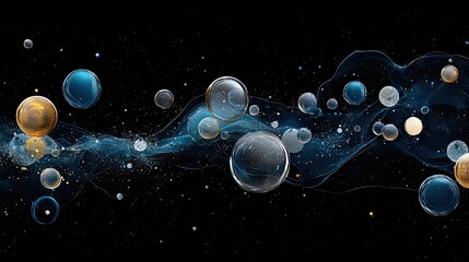 A collection of transparent and opaque spheres in various sizes and colors, floating amidst swirling blue and gold nebulae and tiny specks of light against a da