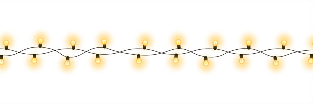 Realistic warm glowing string lights or christmas fairy light overlay with soft warm white illumination for wedding festive event celebration and home decoration on transparent background