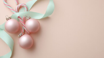Flat lay of pastel pink baubles and mint ribbon with candy canes on pale peach background for festive decor