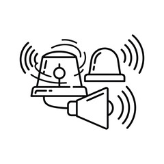 Line art icon of a siren and a megaphone emitting sound waves, isolated on © Bdfrelancer
