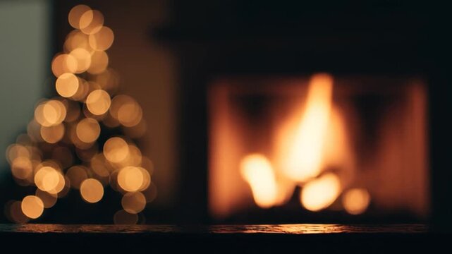 Cozy fireplace burning on Christmas night in warmly lit home interior, seamless loop animation for festive atmosphere