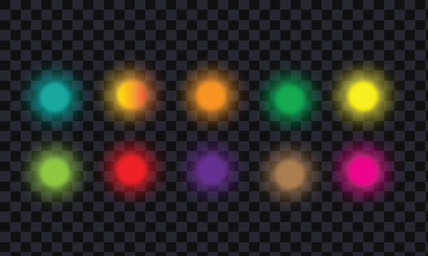 Collection of colorful blurred light orbs on a dark transparent background - Powered by Adobe
