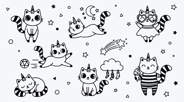 Adorable unicorn cat cartoon characters vector seamless pattern background illustration