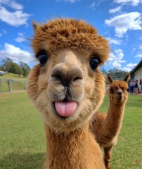 Naklejka premium Close-up of a fluffy alpaca with a playful expression